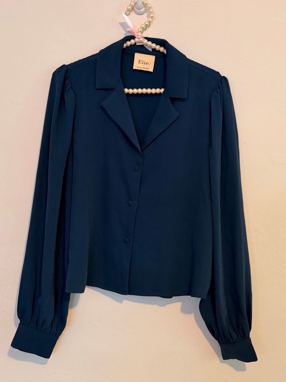 Elie Tahari Navy Button-Front Top with Puff Long Sleeves medium